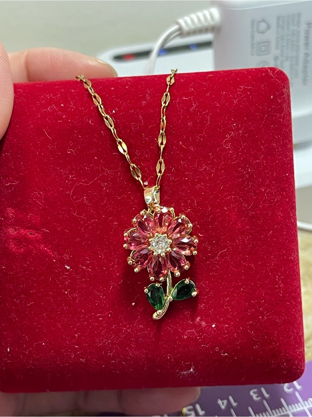 Gold Flower Pendant Necklace with Pink and Green Stones